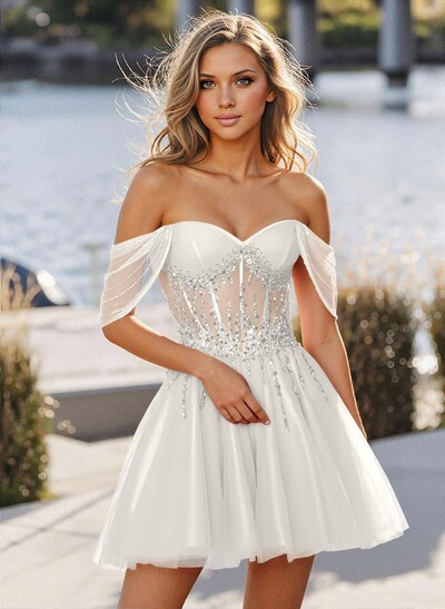 Off-The-Shoulder Beading Sequins Illusion Corset A-Line Short/Mini Satin/Tulle Homecoming Dresses