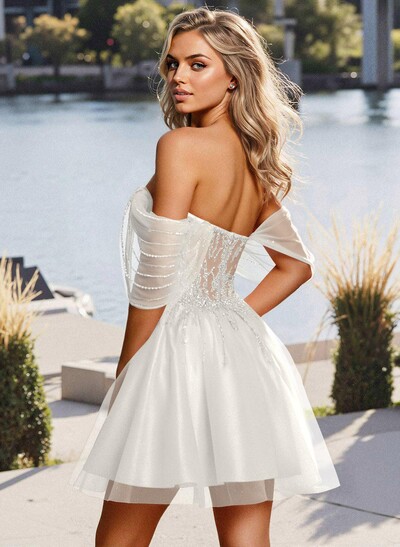 Off-The-Shoulder Beading Sequins Illusion Corset A-Line Short/Mini Satin/Tulle Homecoming Dresses