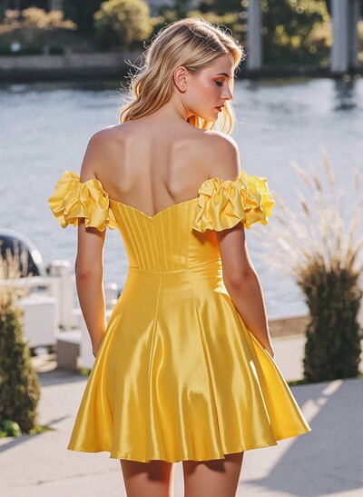 Elegant Ruffle Off-The-Shoulder A-Line Short/Mini Stretch Satin Knit Homecoming Dresses