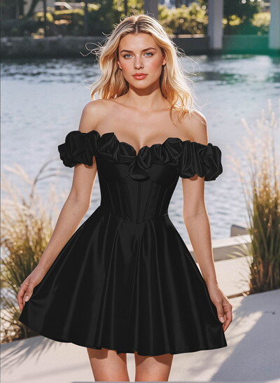 Elegant Ruffle Off-The-Shoulder A-Line Short/Mini Stretch Satin Knit Homecoming Dresses