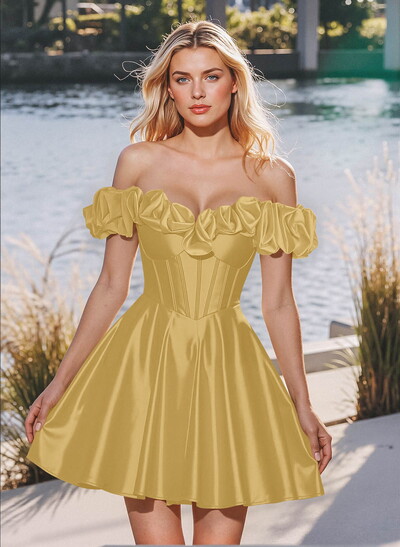 Elegant Ruffle Off-The-Shoulder A-Line Short/Mini Stretch Satin Knit Homecoming Dresses