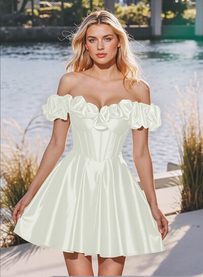 Elegant Ruffle Off-The-Shoulder A-Line Short/Mini Stretch Satin Knit Homecoming Dresses