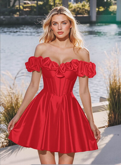 Elegant Ruffle Off-The-Shoulder A-Line Short/Mini Stretch Satin Knit Homecoming Dresses