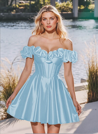 Elegant Ruffle Off-The-Shoulder A-Line Short/Mini Stretch Satin Knit Homecoming Dresses