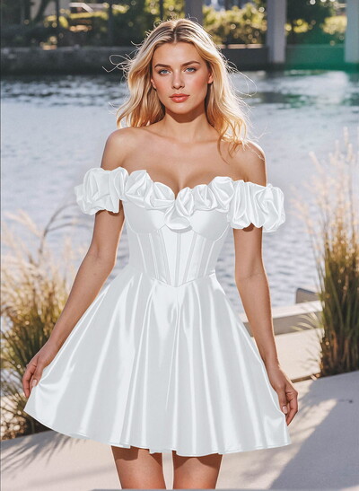 Elegant Ruffle Off-The-Shoulder A-Line Short/Mini Stretch Satin Knit Homecoming Dresses