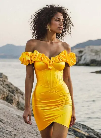 Elegant Ruffle Off-The-Shoulder Short/Mini Stretch Satin Knit Homecoming Dresses