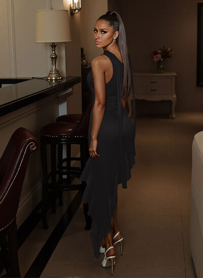 Elegant One-Shoulder Ruffle Asymmetrical Length Stretch Satin Homecoming Dresses