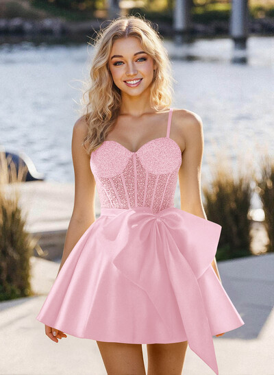 A-Line Sweetheart Sleeveless Satin Homecoming Dresses With Bow(s)/Beading