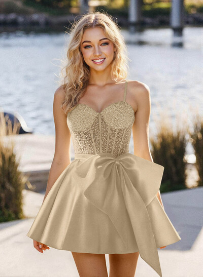 A-Line Sweetheart Sleeveless Satin Homecoming Dresses With Bow(s)/Beading