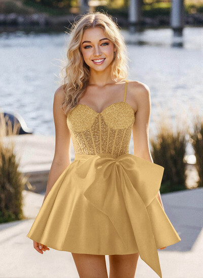 A-Line Sweetheart Sleeveless Satin Homecoming Dresses With Bow(s)/Beading