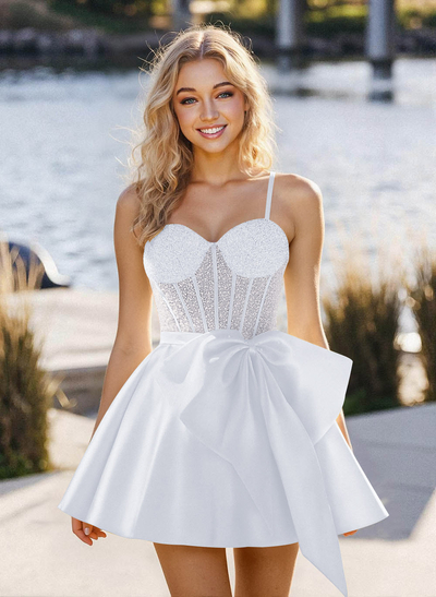A-Line Sweetheart Sleeveless Satin Homecoming Dresses With Bow(s)/Beading