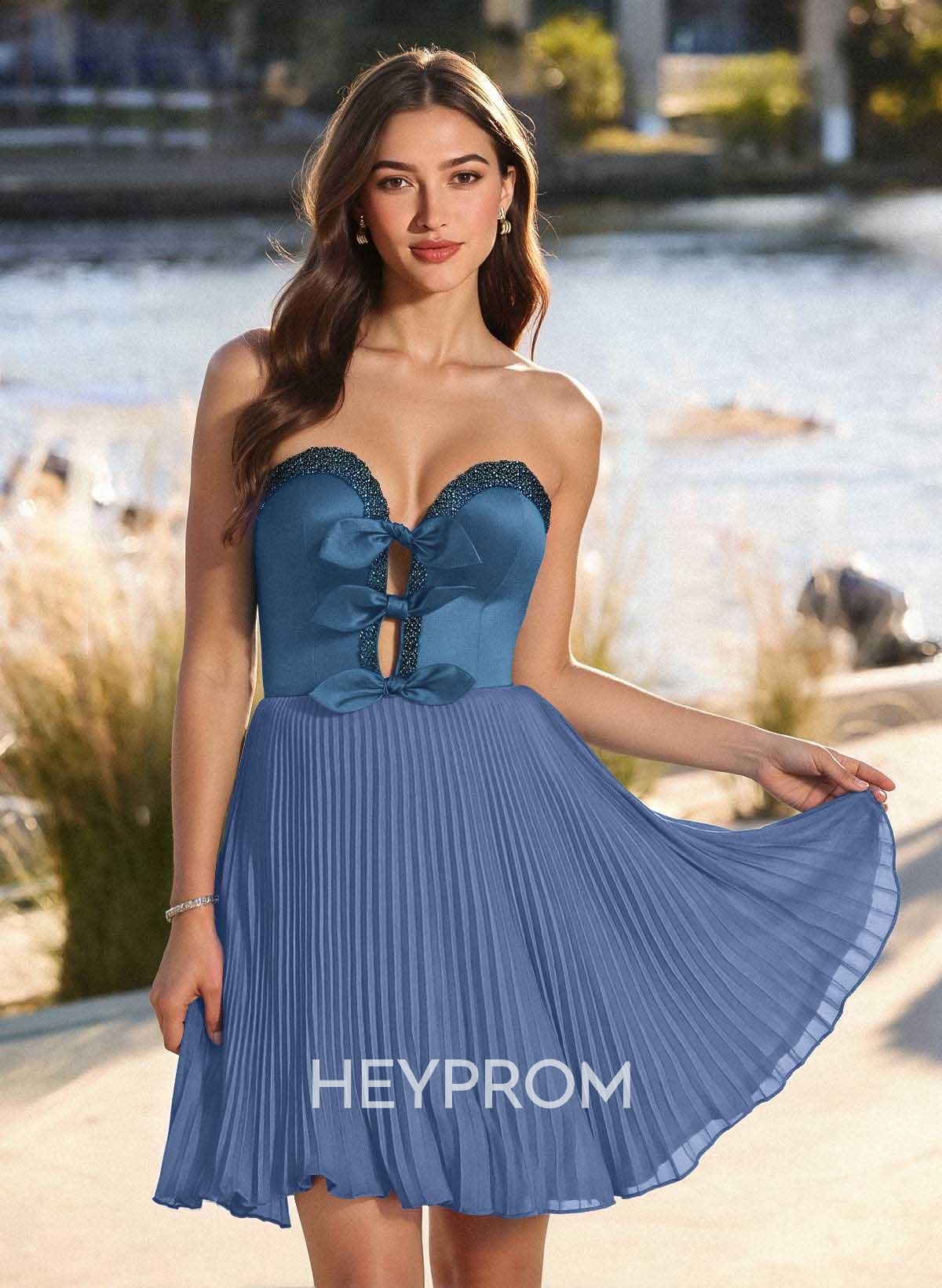 A-Line Off-The-Shoulder Short/Mini Satin/Chiffon Homecoming Dresses With Bow(s)/Beading