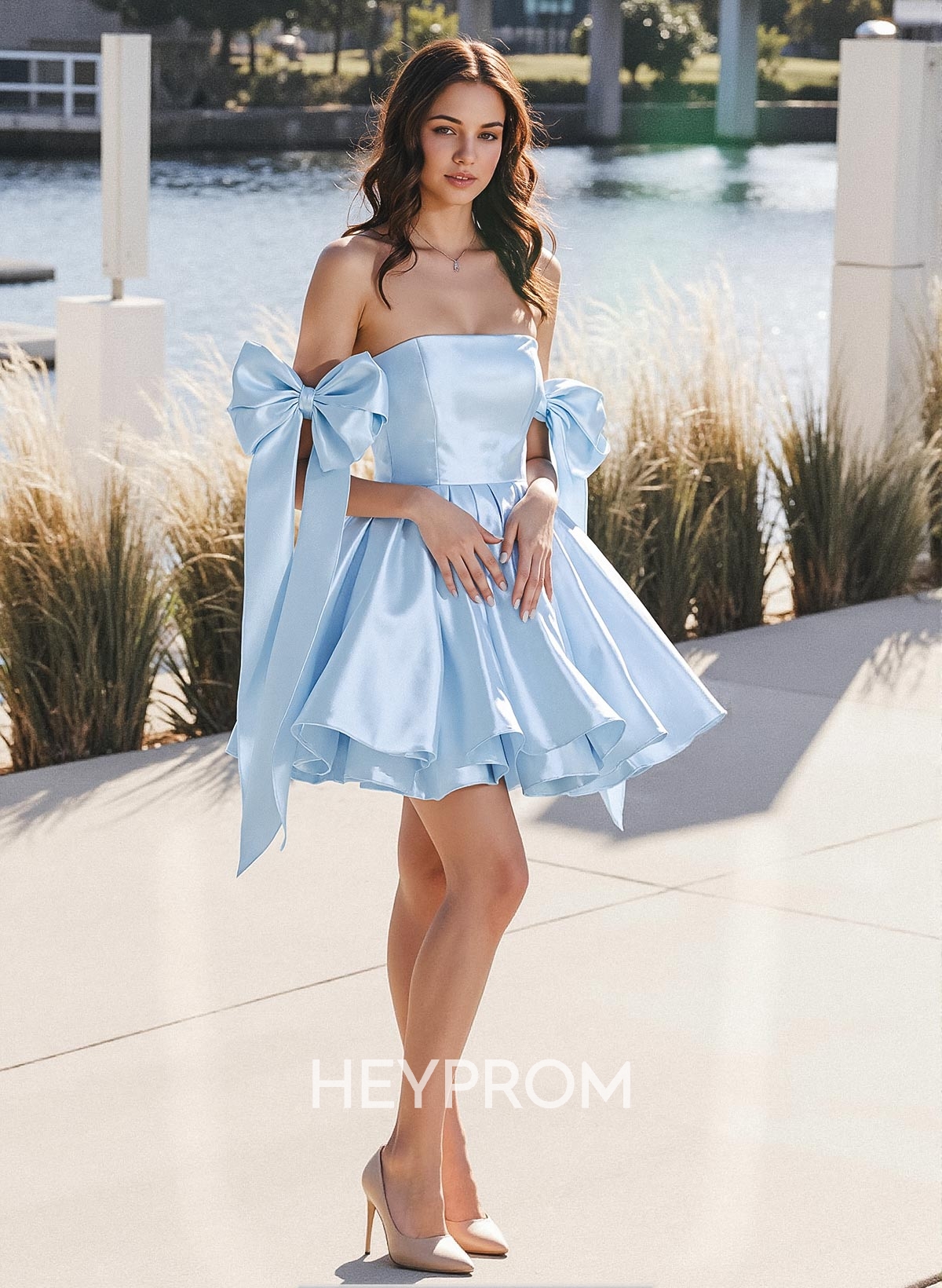 A-Line Off-The-Shoulder Short/Mini Liquid Satin Homecoming Dresses With Bow(s)