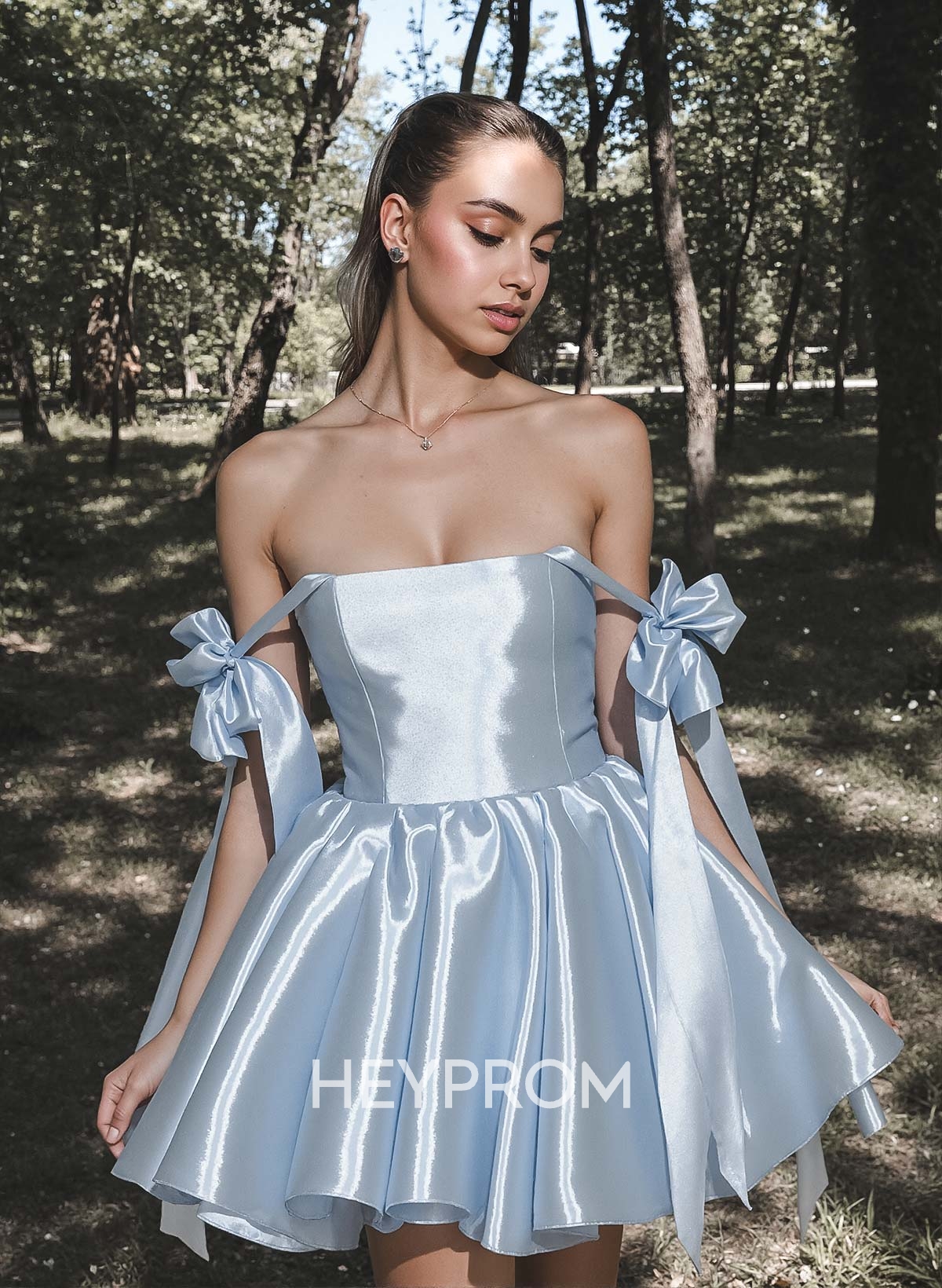 A-Line Off-The-Shoulder Short/Mini Liquid Satin Homecoming Dresses With Bow(s)