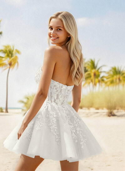 A-Line Strapless Sleeveless Short/Mini Satin/Lace Homecoming Dresses With Flower(s)