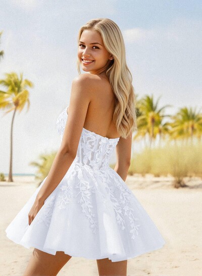 A-Line Strapless Sleeveless Short/Mini Satin/Lace Homecoming Dresses With Flower(s)
