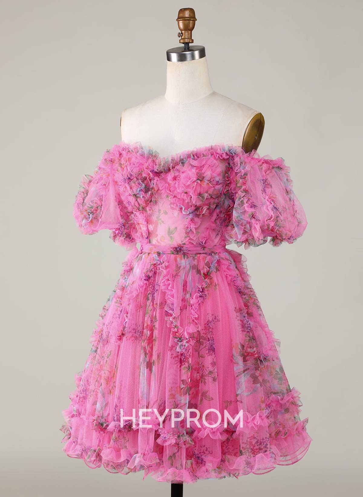 Sweetheart Off-The-Shoulder Short Sleeves A-Line Short/Mini Tulle Chiffon Homecoming Dresses With Ruffle/Bow(s)