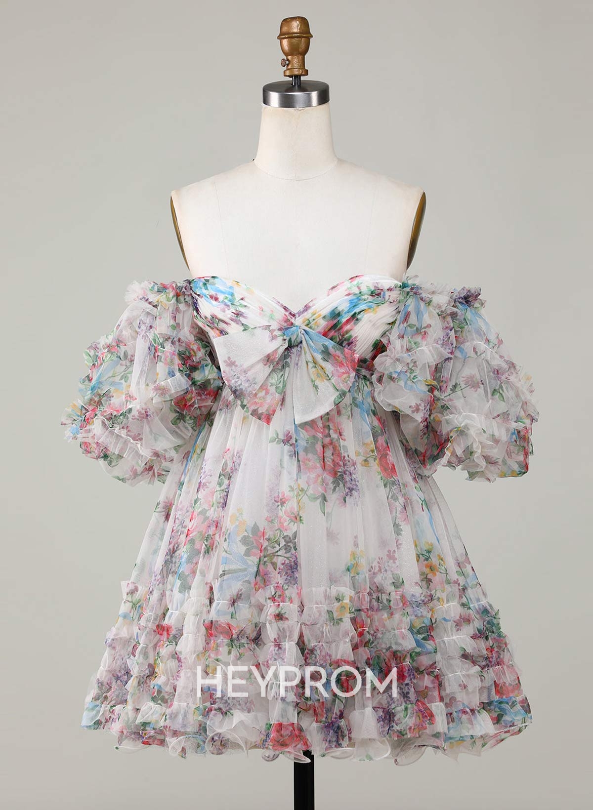 Pleated Bow(s) Sweetheart Off-The-Shoulder Ruffle Short Sleeves A-Line Short/Mini Chiffon Homecoming Dresses
