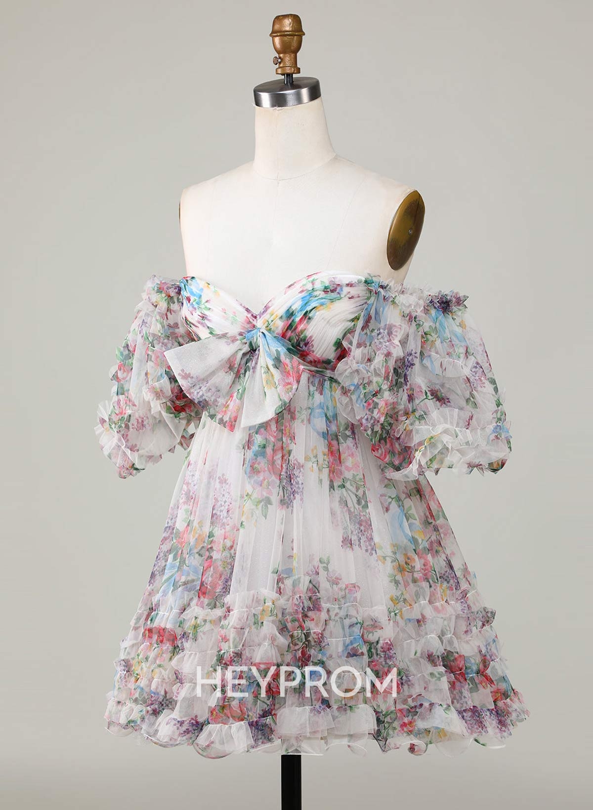 Pleated Bow(s) Sweetheart Off-The-Shoulder Ruffle Short Sleeves A-Line Short/Mini Chiffon Homecoming Dresses