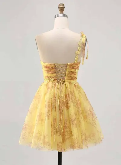 Sweetheart Flower(s) One-Shoulder A-Line Short/Mini Lace/Chiffon/Sequined Homecoming Dresses