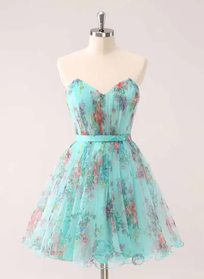 Pleated Sweetheart Sleeveless A-Line Short/Mini Chiffon Homecoming Dresses With Bow(s)