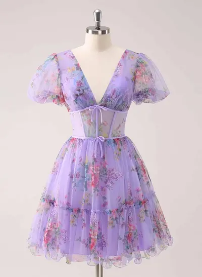 Elegant V-Neck Short Sleeves A-Line Short/Mini Chiffon Homecoming Dresses With Bow(s)