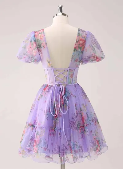 Elegant V-Neck Short Sleeves A-Line Short/Mini Chiffon Homecoming Dresses With Bow(s)