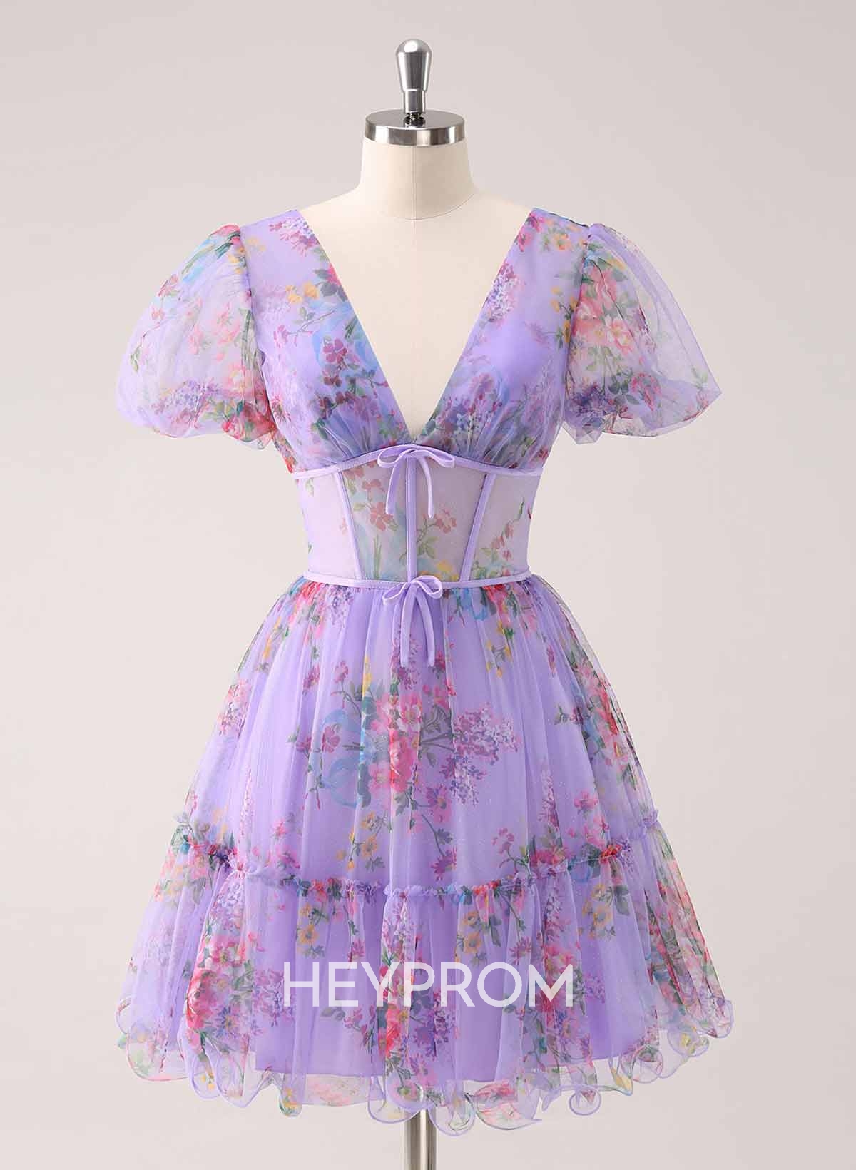 Elegant V-Neck Short Sleeves A-Line Short/Mini Chiffon Homecoming Dresses With Bow(s)