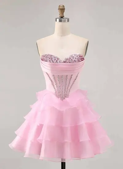 Rhinestone Beading Sweetheart Tiered A-Line Short/Mini Satin/Chiffon Homecoming Dresses
