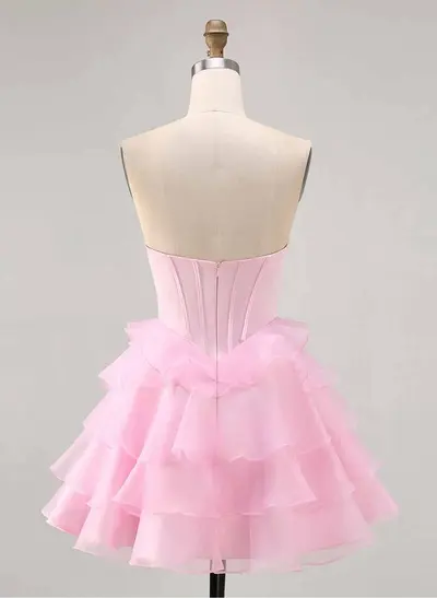 Rhinestone Beading Sweetheart Tiered A-Line Short/Mini Satin/Chiffon Homecoming Dresses