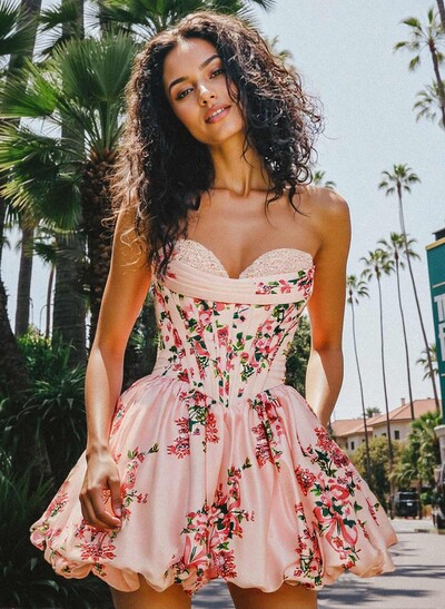 Lace Sweetheart Sleeveless A-Line Short/Mini Flower(s) Satin Homecoming Dresses