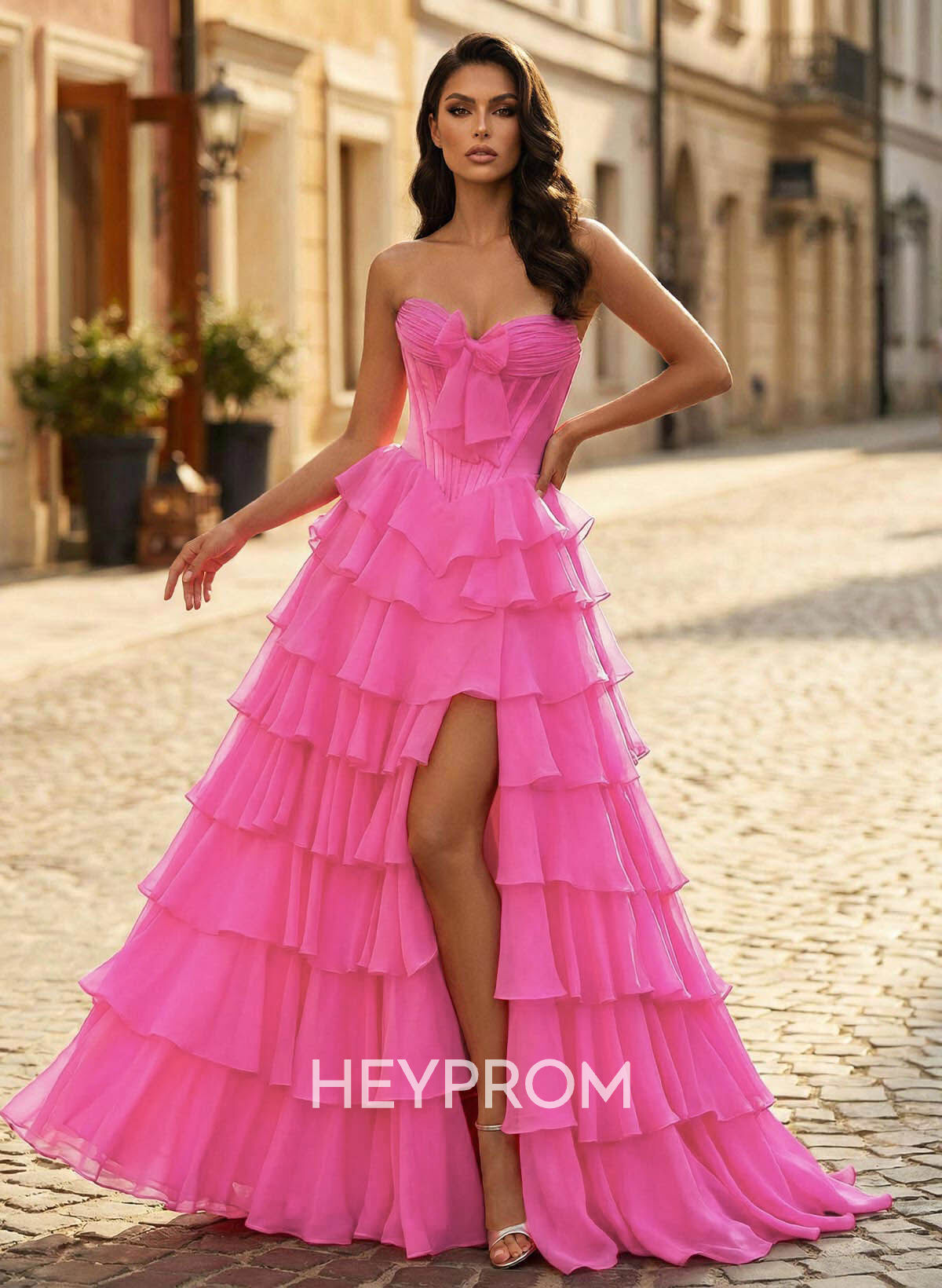 A-Line Strapless Sleeveless Floor-Length 30D Chiffon Prom Dresses With Bow/Tiered