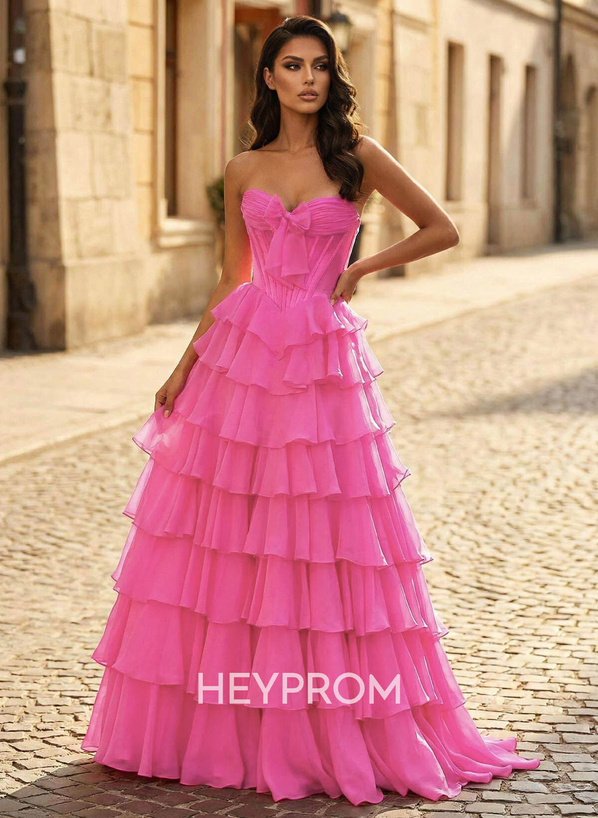 A-Line Strapless Sleeveless Floor-Length 30D Chiffon Prom Dresses With Bow/Tiered