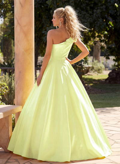 A-Line One-Shoulder Sleeveless Sweep Train Liquid Satin Prom Dresses