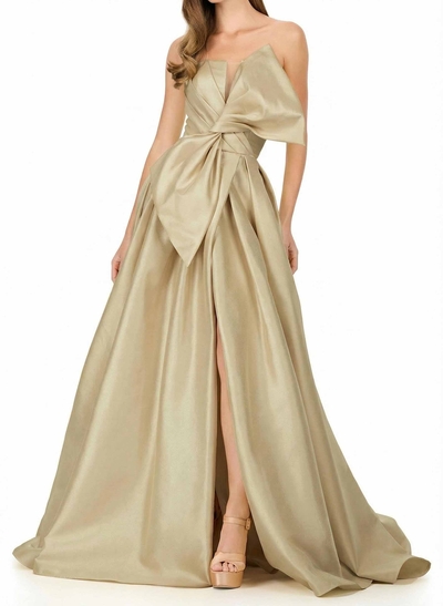 A-Line Strapless Sleeveless Sweep Train Satin Prom Dresses With Split Front/Bow