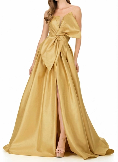 A-Line Strapless Sleeveless Sweep Train Satin Prom Dresses With Split Front/Bow