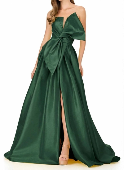 A-Line Strapless Sleeveless Sweep Train Satin Prom Dresses With Split Front/Bow