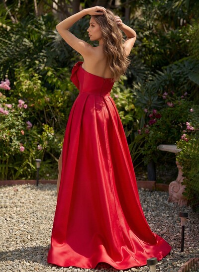 A-Line Strapless Sleeveless Sweep Train Satin Prom Dresses With Split Front/Bow