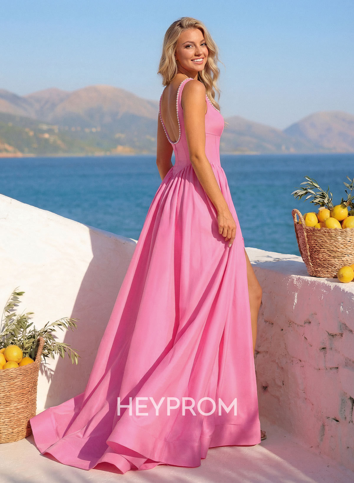 A-Line Square Neckline Sweep Train Sleeveless Taffeta Prom Dresses With Split Front/Beading/High Split