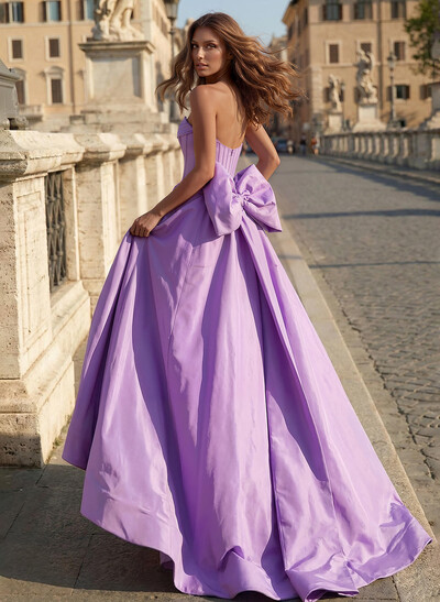 A-Line Strapless Sweep Train Prom Dresses With Bow(s)/Pleated/High Split