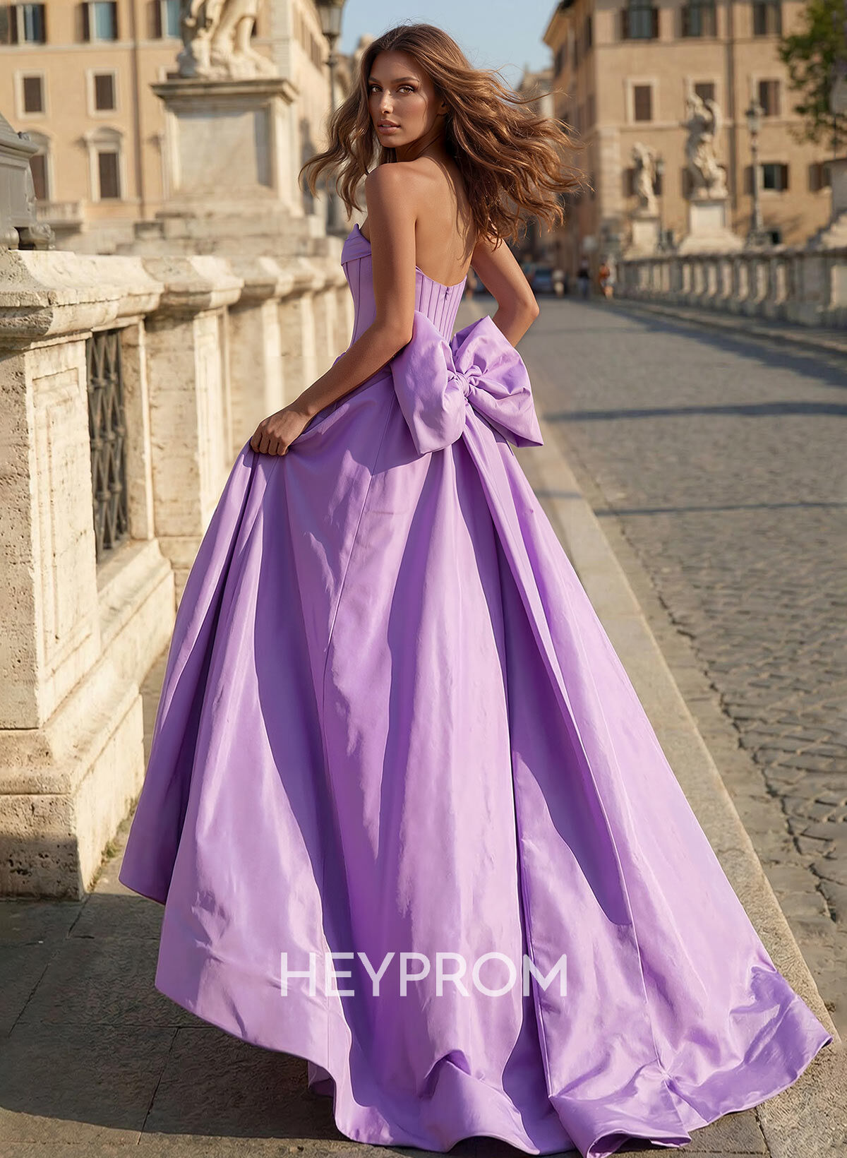 A-Line Strapless Sweep Train Prom Dresses With Bow(s)/Pleated/High Split