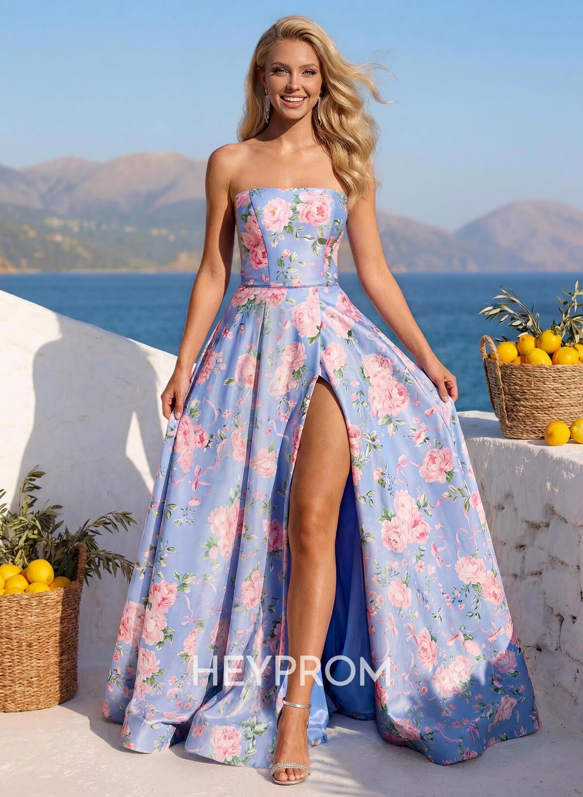 A-Line Strapless Sleeveless Sweep Train Satin Prom Dresses With Flower(s)/High Split