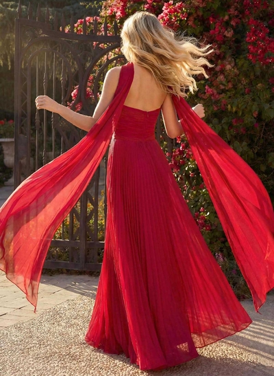 A-Line Strapless Sleeveless Floor-Length Chiffon Prom Dresses With Pleated