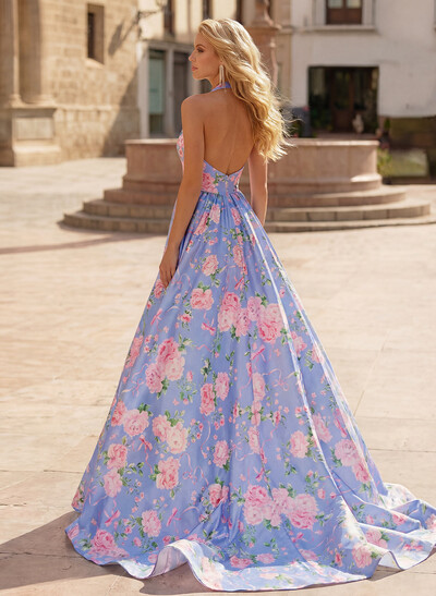 A-Line Plunge Neck Sleeveless Sweep Train Satin Prom Dresses With Flower(s)/High Split