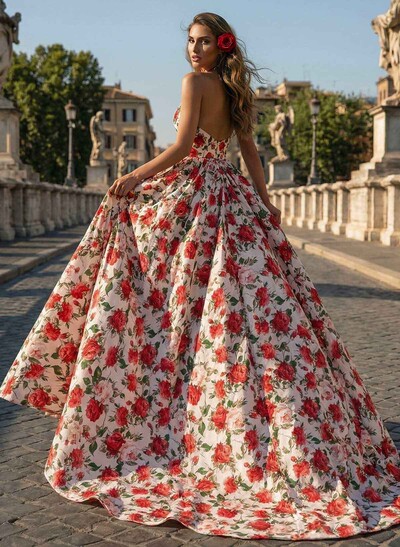 A-Line Halter/Plunge Neck Sleeveless Sweep Train Satin Prom Dresses With Rhinestone/Flower(s)/High Split