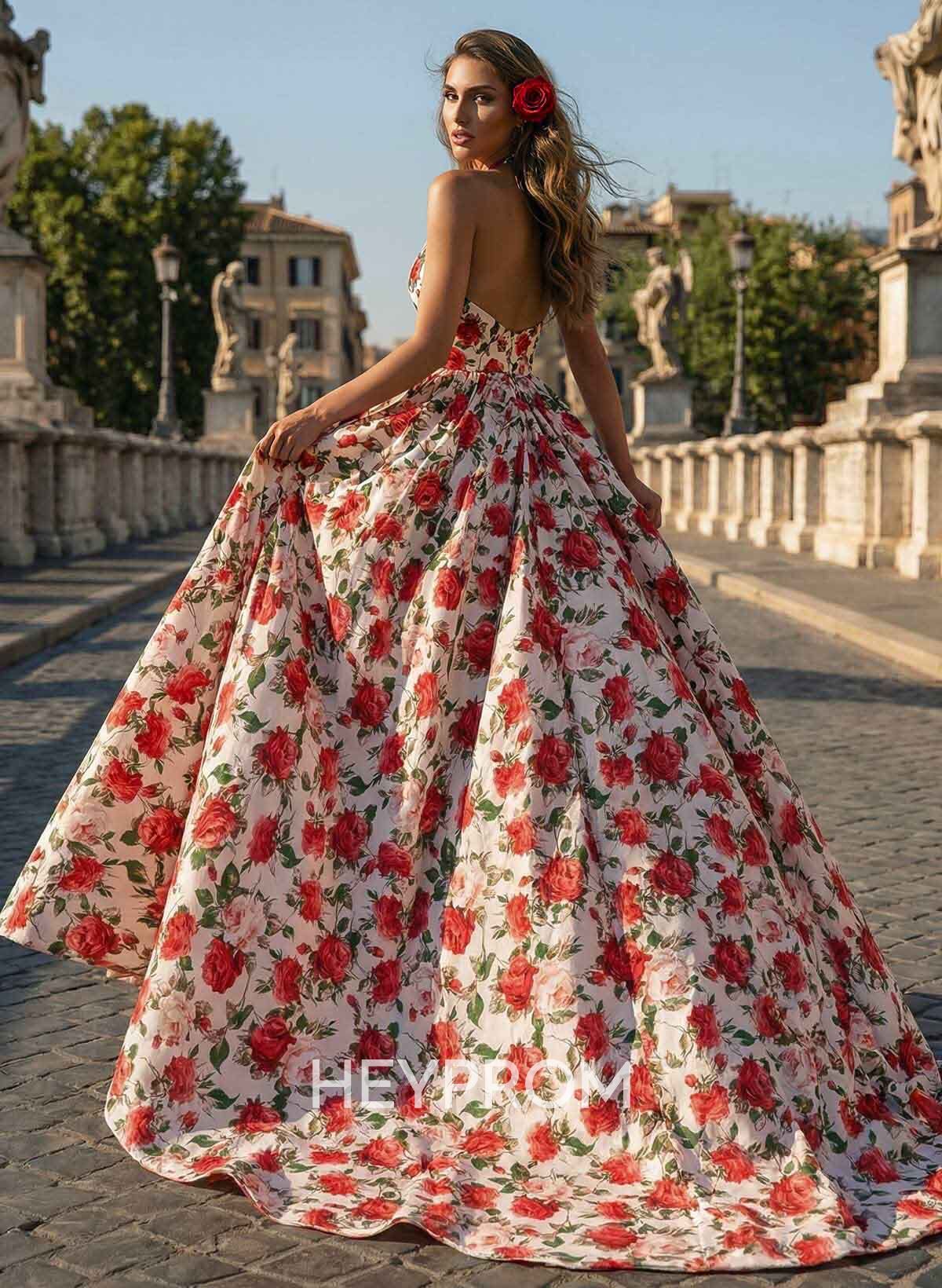 A-Line Halter/Plunge Neck Sleeveless Sweep Train Satin Prom Dresses With Rhinestone/Flower(s)/High Split