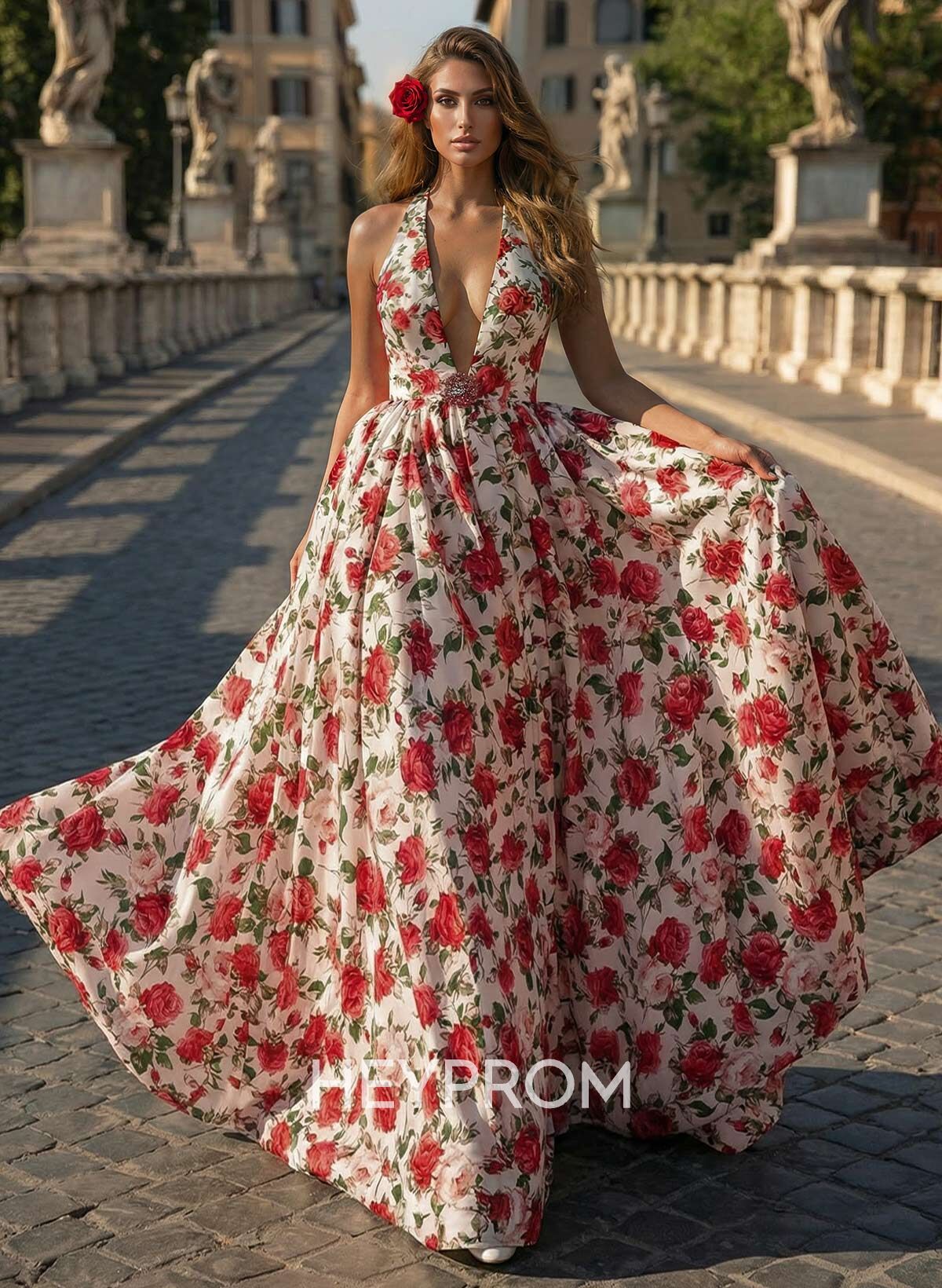 A-Line Halter/Plunge Neck Sleeveless Sweep Train Satin Prom Dresses With Rhinestone/Flower(s)/High Split