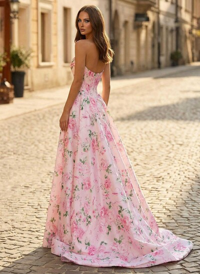 A-Line Strapless Sleeveless Sweep Train Satin Prom Dresses With Flower(s)/High Split