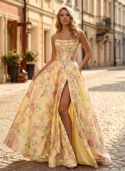 A-Line Strapless Sleeveless Sweep Train Satin Prom Dresses With Flower(s)/High Split