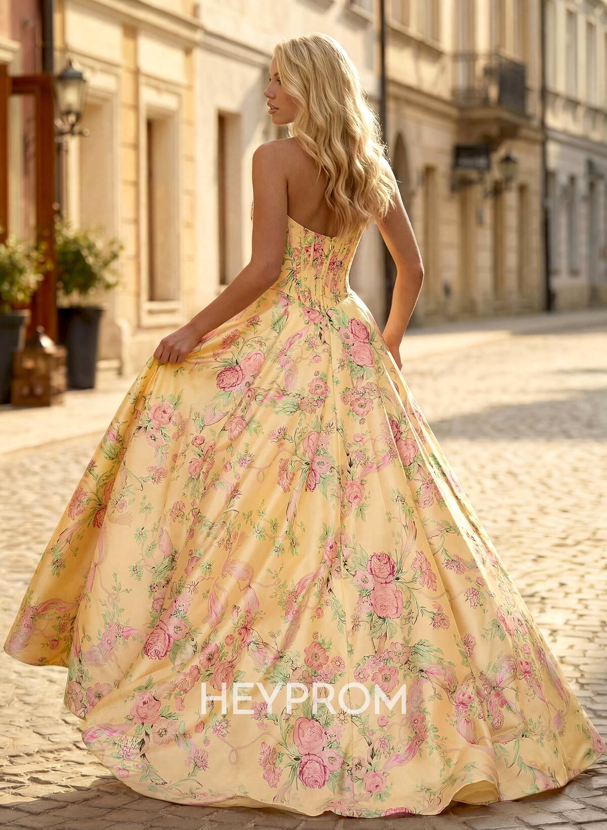 A-Line Strapless Sleeveless Sweep Train Satin Prom Dresses With Flower(s)/High Split
